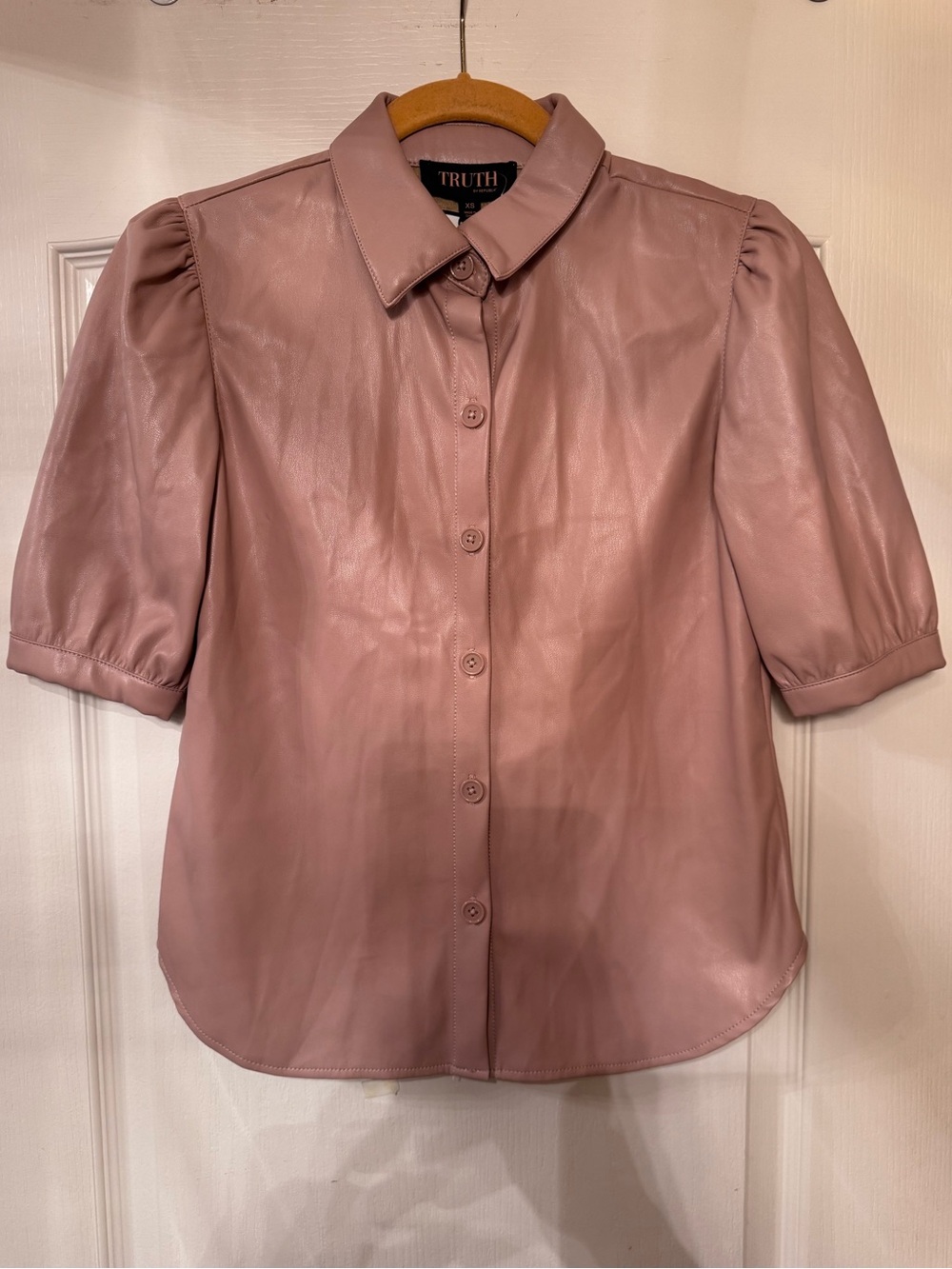 New with Hangtags - Blush Button-Front Puff Sleeve Top - Faux Leather